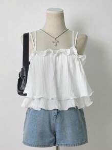 Lalippa 夏季甜美荷叶边纯色度假吊带背心 - 白色 - 查看 1