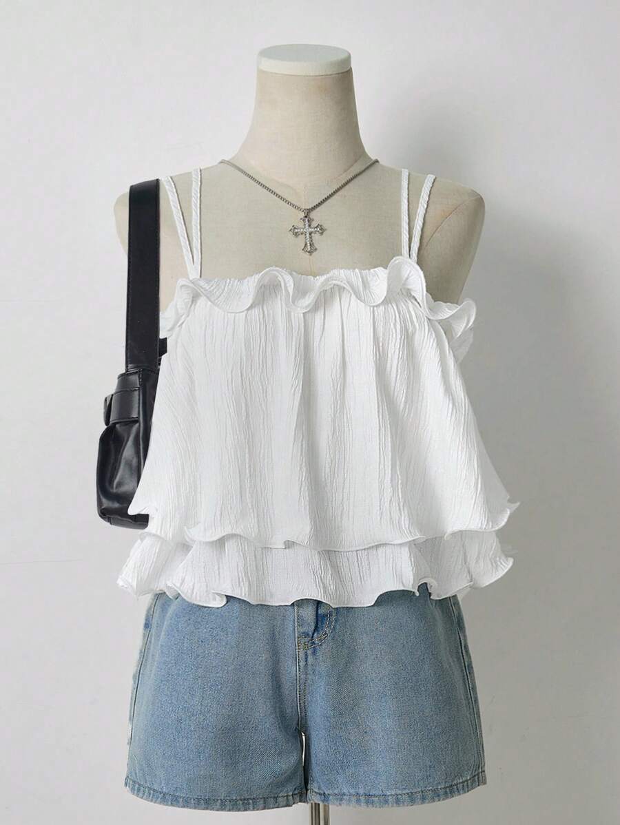 Lalippa 夏季甜美荷叶边纯色度假吊带背心 - 白色 - 查看 1