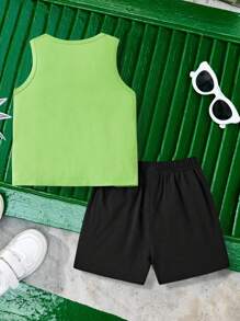 TEENAGE MUTANT NINJA TURTLES | SHEIN 2pcs Young Boy Summer Cartoon Green Sleeveless Vest And Elastic Waist Loose Shorts Set - Green - View 2