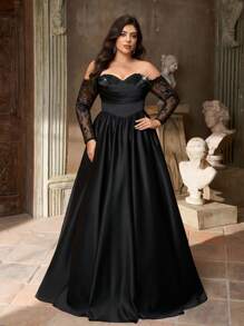 Aureia 大码优雅奢华黑色露肩薄纱长袖连衣裙，饰有花卉领口、蕾丝边和荷叶边下摆，适合婚礼、单身派对、度假、舞会、宴会和晚宴等场合（厚款）黑色蕾丝连衣裙，情人节 - 黑色 - 查看 5