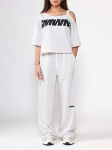 SUMWON One Shoulder Logo T-Shirt Wide Leg Pants Set Streetwear Festival Wear Casual Matching Set Drawstring Waist Loose Fit Autumn Fall - Light Grey - View 8