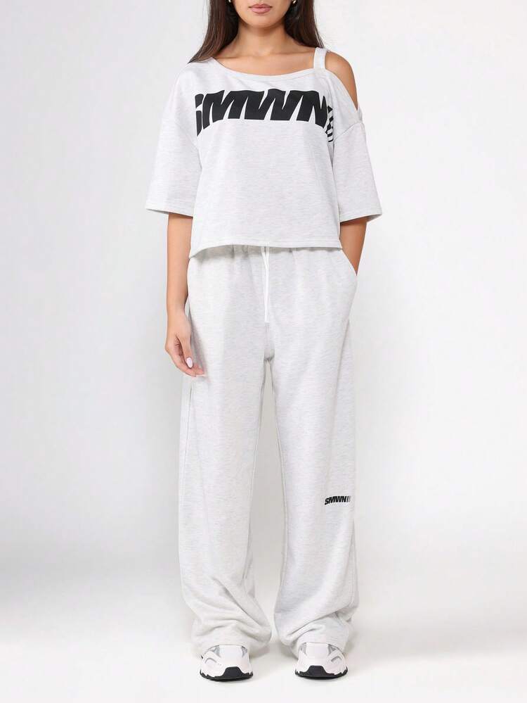 One Shoulder Logo T-Shirt With Wide Leg Pants