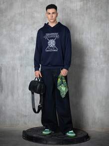 TEENAGE MUTANT NINJA TURTLES | SHEIN Men's Letter & Cartoon Graphic Pocket Hooded Long Sleeve Sweatshirt - Navy Blue - View 4