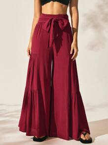 Easelle Boho Women's Clothing Casual Retro Boho Bowknot Wide Leg Pleated Loose And Comfortable Women Long Pants - Red - View 5