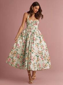 Enchnt Váy dài công chúa hở lưng in họa tiết hoa hồng màu xanh bạc hà lãng mạn dành cho nữ mùa hè/thu - màu xanh lá - Xem 5