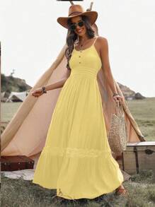 Breezaya 女式夏季撞色蕾丝荷叶边下摆吊带连衣裙、太阳裙长款度假海滩装 - Butter Yellow - 查看 5