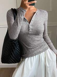 DAZY Women Round Neck Half-Button Closure Fitted Long Sleeve Casual T-Shirt,Fall Women Clothes