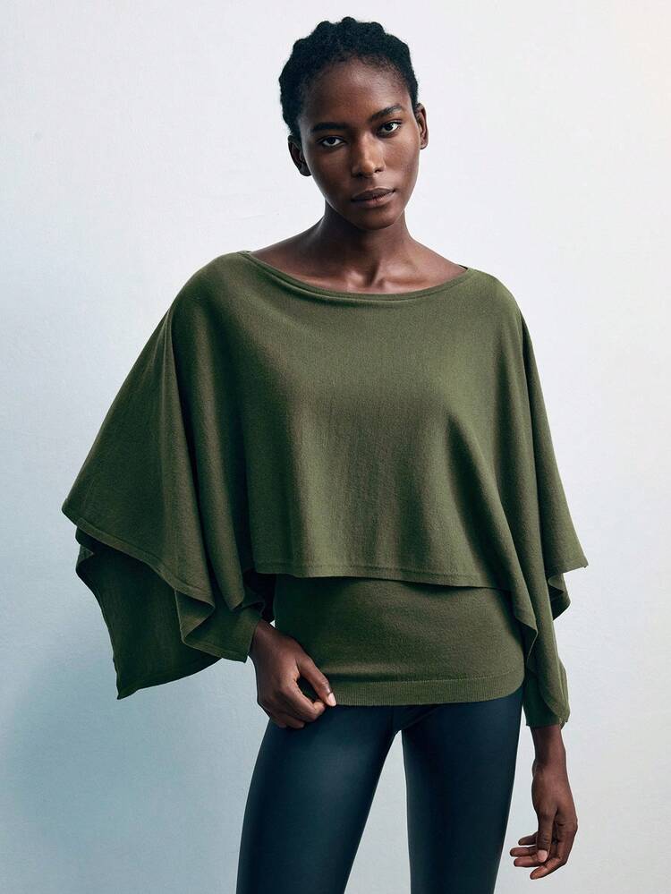 SHEIN Maija Women Solid Color Batwing Sleeve Loose Fashion Sweater Asymmetrical Top One Sleeve Top Olive Green Top Asymmetrical Blouse One Shoulder Top In Fall/Winter