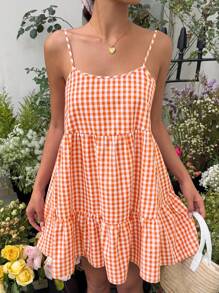 MainGRL Women's Summer New Plaid Babydoll Slip Dress With Open Back Vacation Dress - Orange - View 4