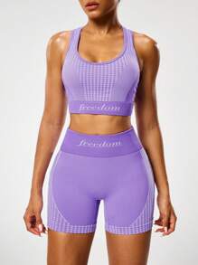 SHEIN Sports Set sutien sport și pantaloni scurți pentru femei cu imprimeu Houndstooth și spate încrucișat