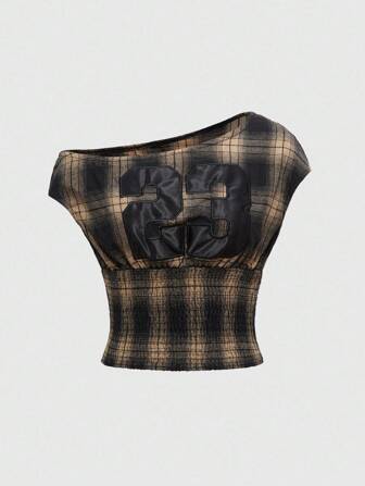 Streetstyle sexy asymmetrische Bluse mit Nummer-Stickerei und Karomuster