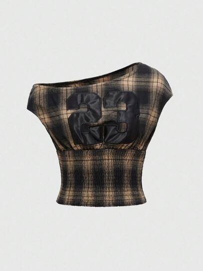 Street Style Sexy Numeric Embroidered Plaid Asymmetrical Shoulder Blouse