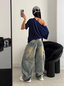 POPSWAY 加大码宽松23码斜肩图案T恤女款图案T恤上衣