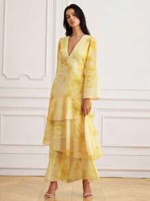 GENKIRA Váy xòe nhiều lớp in họa tiết hoa lớn mới cho mùa xuân/hè - Màu vàng - Xem 6