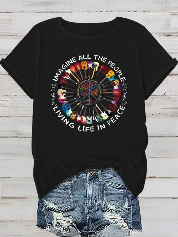 EMERY ROSE Letter & Guitar Print Crew Neck T-Shirt, Casual Short Sleeve T-Shirt For Spring & Summer, Women's Clothing
