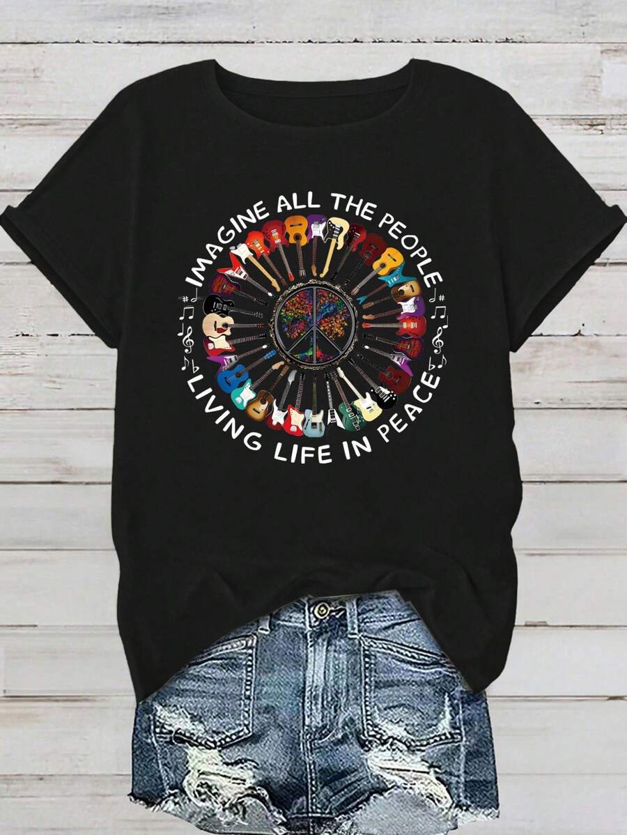 EMERY ROSE T-shirt col rond imprimé lettre et guitare, t-shirt casual à manches courtes pour le printemps et l'été, vêtements pour femmes - Noir - Voir 1