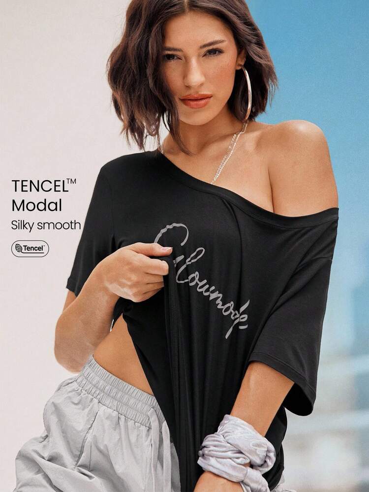 TENCEL™ Modal Shimmy And Shake Lightweight Silky Smooth Loose Reflective Logo Off-Shoulder Short Sleeve Tee Dancing Daily Casual Wear