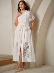 Anewsta Vestido de mujer de un solo pecho sin mangas de color liso con diseño calado y empalmes - Blanco - Ver 7