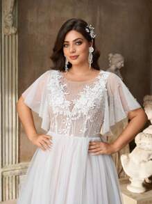 Aureia 加大码优雅浪漫奢华白色串珠亮片装饰连衣裙，飘逸荷叶边裙，适合晚会、派对、婚礼、蜜月、新娘 - 白色 - 查看 1