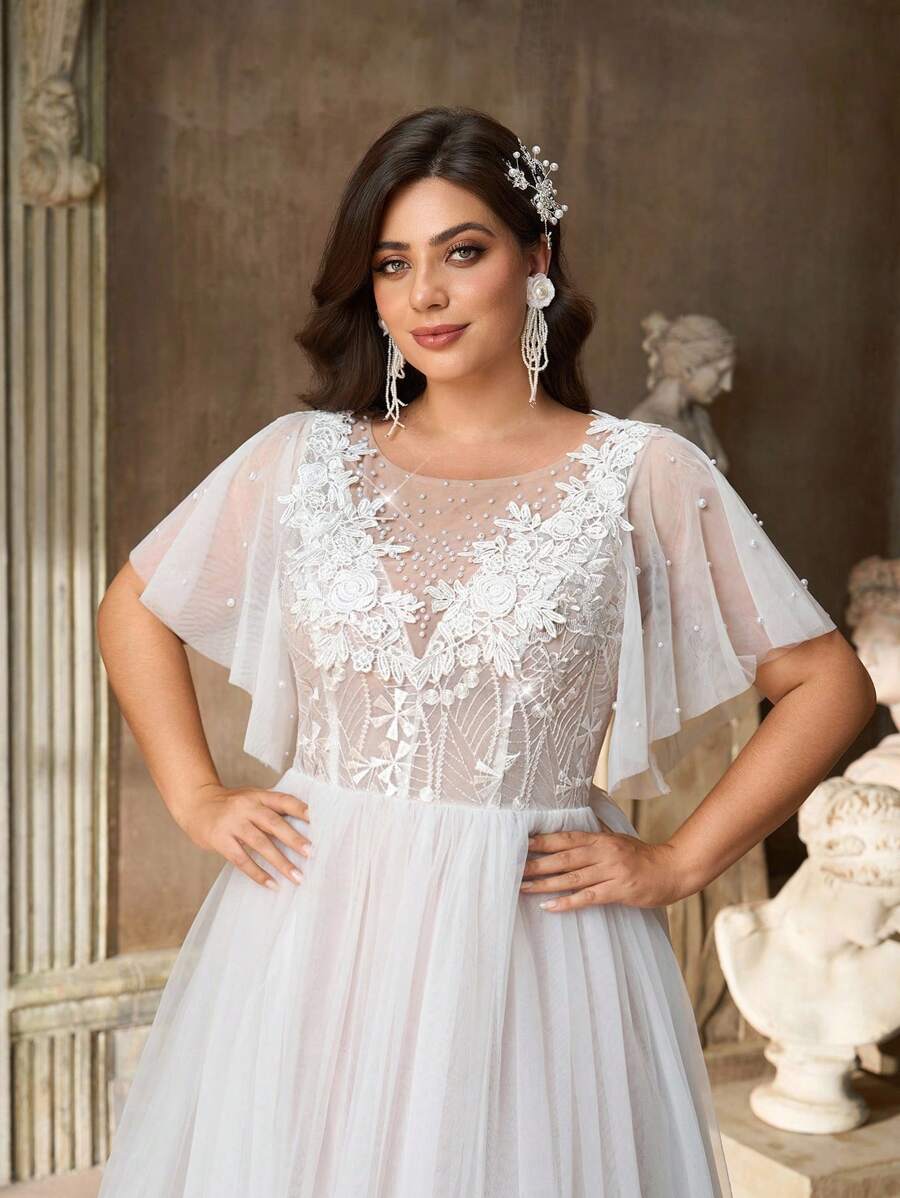 Aureia 加大码优雅浪漫奢华白色串珠亮片装饰连衣裙，飘逸荷叶边裙，适合晚会、派对、婚礼、蜜月、新娘 - 白色 - 查看 1