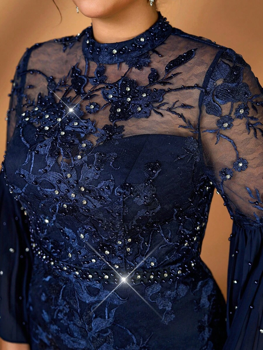 Serin Plus Size Elegant Navy Blue Minimalist Stand Collar Sequins Embellished Chiffon Mesh Splice Long Sleeve Sparkly Crystal Mermaid Hem Blouse, Bridal Mother Outfit - Navy Blue - View 1