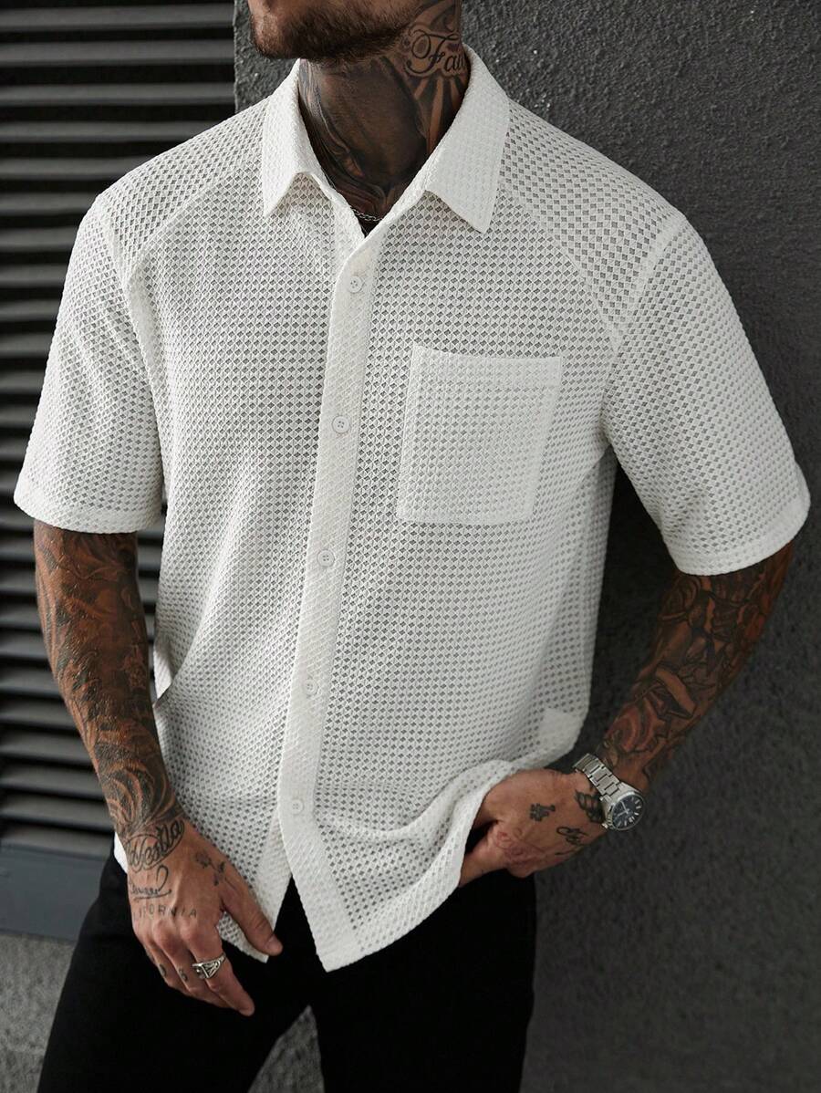 Manfinity Homme Men's Solid Color Pocket Short Sleeve Single-Breasted Casual Shirt - Beige - View 1