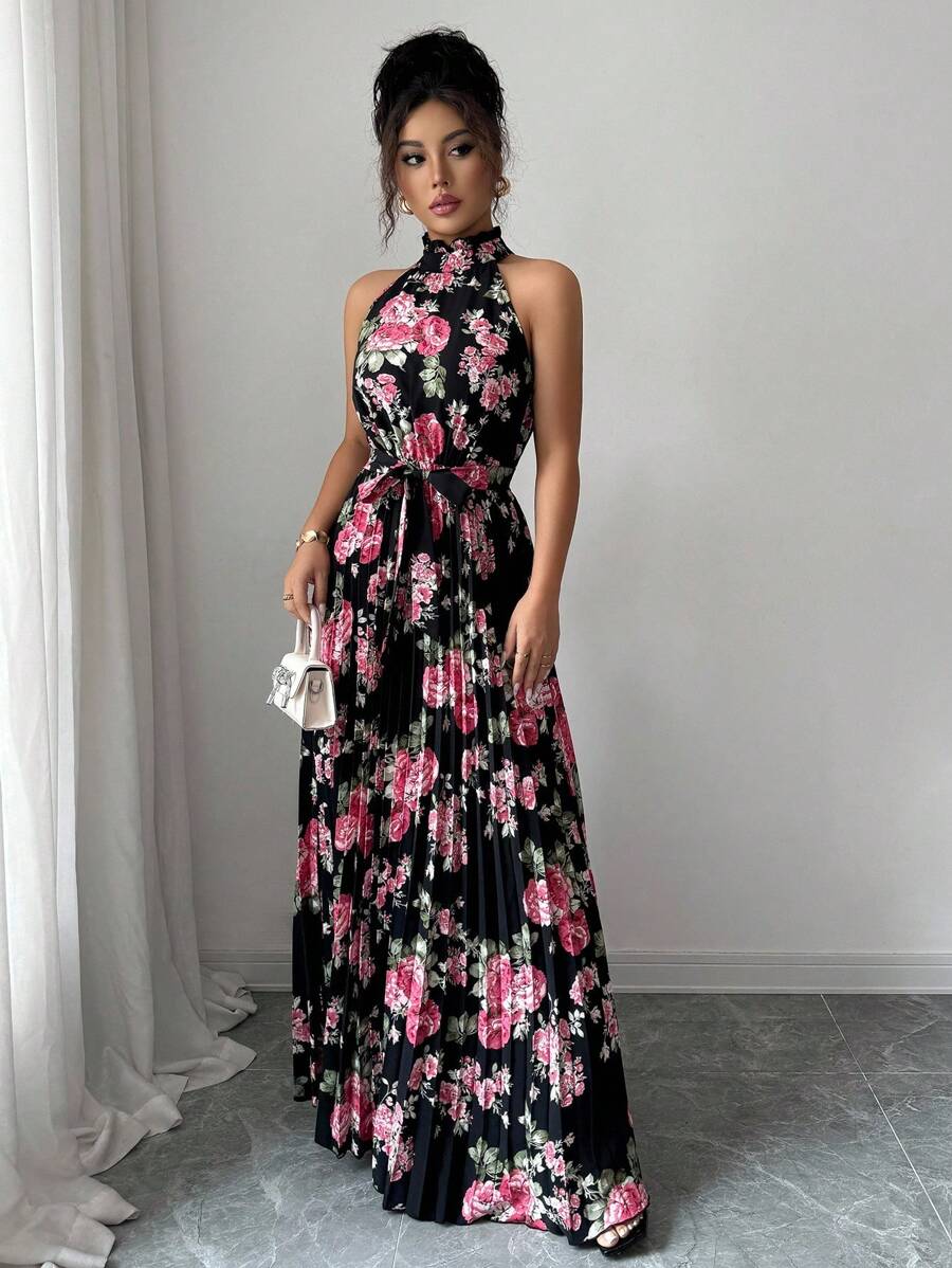 Elenzga Halloween Costume Ruffle Sleeveless Halter Waist A-Line Printed Elegant Romantic Dress For Women