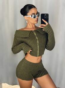SHEIN ICON Bộ 2 áo len kẻ sọc một bên vai dài tay có khóa kéo phía trước và quần short dệt kim thời trang thu cho nữ - màu xanh lá - Xem 6