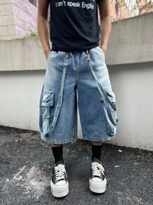 Manfinity EMRG 男士休闲街头时尚口袋阔腿牛仔短裤 - 淺色水洗藍 - 查看 5