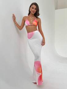Aloruh Conjunto de top corto con escote halter y falda larga con estampado floral para vacaciones de mujer - Rosa - Ver 9