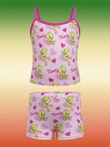 LOONEY TUNES X SHEIN 少女 4 条装卡通印花吊带背心和宽松内裤套装