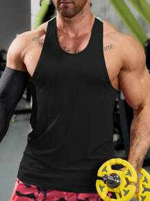 GymBeat 男士运动无袖运动 T 恤、吊带、背心 - 训练和健身房和健身垂袖剪裁吸湿排汗、透气、速干黑色常规剪裁面料圆领中度弹力 - 男士字母印花撞色圆领运动背心健身上衣健身房上衣透气 - 黑色 - 查看 2