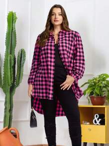 EMERY ROSE Chaqueta de manga larga con estampado de cuadros holgada y casual para mujer de talla grande, para uso diario en otoño e invierno - Rosa Fucsia - Ver 3