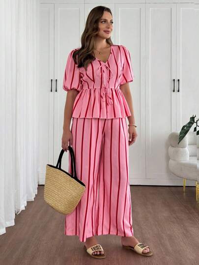 Vionelle Plus Size Pink Striped Bowknot Short Sleeve 2 Pieces Set