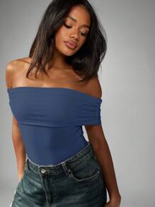 MISSGUIDED 露肩翻领紧身衣晚会芭铎风格褶皱修身连体衣休闲夏季俱乐部装优雅场合紧身衣 - 藏蓝色 - 查看 5