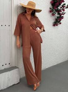 SHEIN Conjunto de dos piezas con blusa de corte holgado y pantalón para mujer