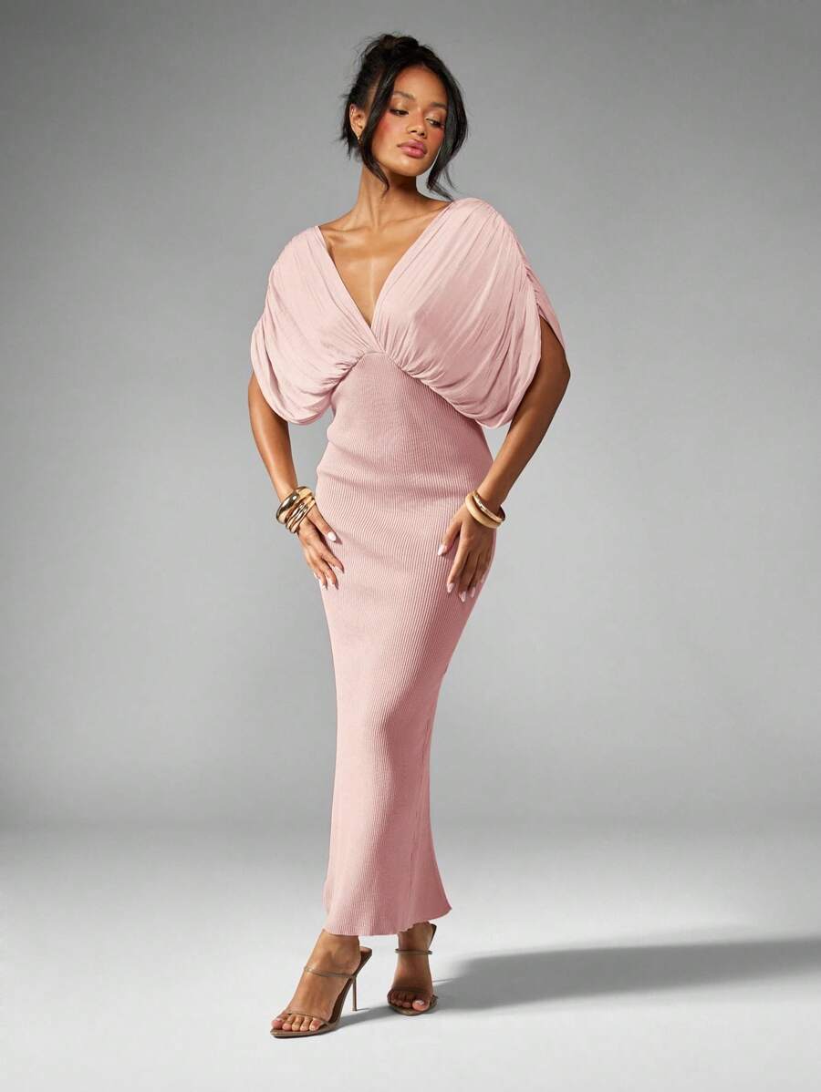 MISSGUIDED Vestido elegante de gala largo con caída, vestido de noche con plisado en el escote, escote pronunciado, mangas tipo murciélago, abertura lateral, para fiestas, bodas, ocasiones especiales