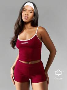 Missguided x Playboy Christmas Crop Tank Top Booty Shorts Active Two Piece Outfit Retro Streetwear Spring Summer Set Fitness Studio Gym Wear Stretch - Red and White - View 7