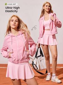 CourtClass Women's Casual Solid Color Zipper Front Drawstring Hooded Sports Jacket Pink Zip Up Hoodie Women Light Pink Hoodie Pink Athletic Jacket Women Pink Hooded Jacket Women Pink Outfit - Pink - View 1