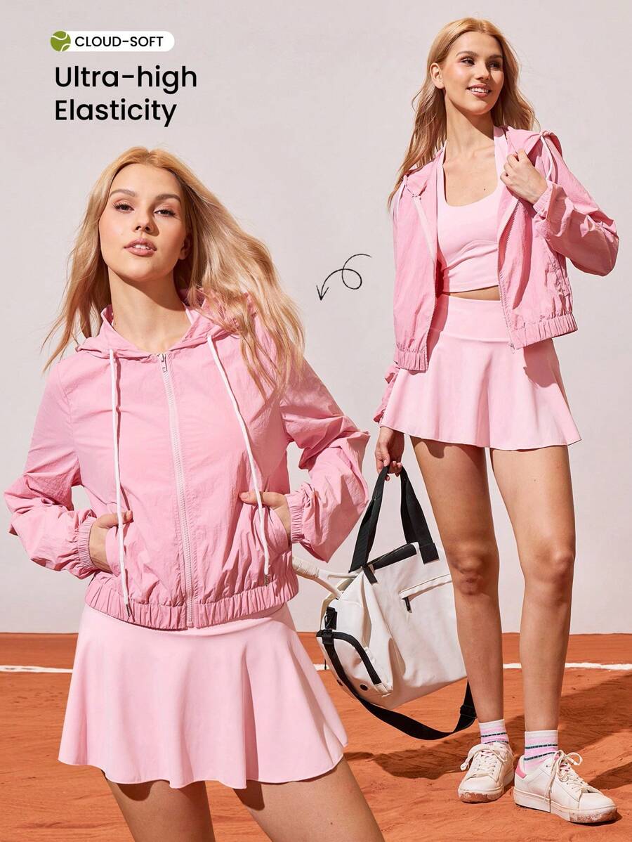 CourtClass Women's Casual Solid Color Zipper Front Drawstring Hooded Sports Jacket Pink Zip Up Hoodie Women Light Pink Hoodie Pink Athletic Jacket Women Pink Hooded Jacket Women Pink Outfit - Pink - View 1