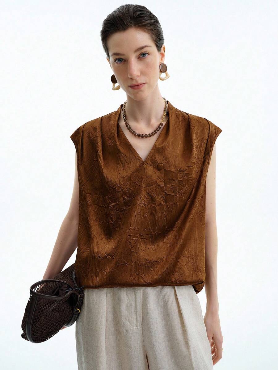 Aalyst Áo sơ mi nữ mùa hè không tay cổ chữ V xếp ly rộng rãi sang trọng, thời trang cao cấp, thanh lịch, giản dị - Rỉ Nâu - Xem 1