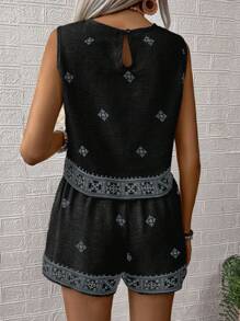 SHEIN LUNE 2 piezas Conjunto de blusa sin mangas con estampado floral y shorts holgados para mujer, para vacaciones