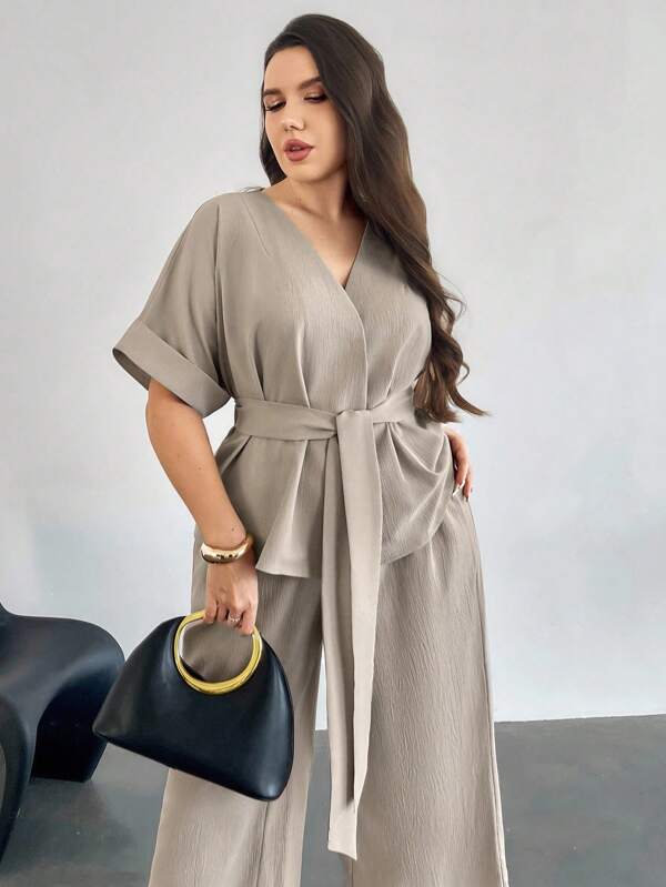 Firerie مجموعة قطعتين ملابس علوية كاجوال بأكمام قصيرة بلون صلب وبنطال فضفاض مقاسات كبيرة