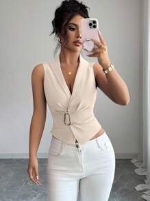 SHEIN Elenzya 女式端庄复古风格金属杏色纽扣衬衫 - 杏色 - 查看 5