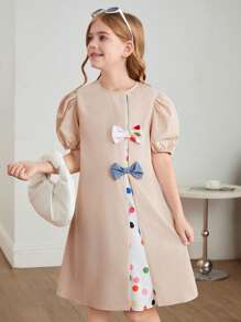 SHEIN Leap Crew Tween Girls Casual Loose Fit Colorblock Patchwork Decorative Bowknot Bubble Sleeve A-Line Dress - Multicolor - View 3
