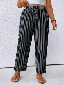 SHEIN PETITE 加大码条纹拼布锥形休闲度假裤，适合娇小和