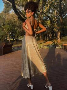 DAZY 女士度假风格细肩带露背婚纱女装 - 金色 - 查看 5