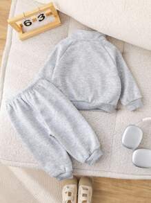 SHEIN 2 件套男童/女童休闲加厚羊毛拉链连帽夹克和松紧腰羊毛裤运动服，男女通用婴儿冬装 - 彩色 - 查看 2