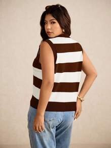 Elaquor 大码休闲通勤拼色条纹针织背心，秋冬女士度假装 - 棕色 - 查看 2