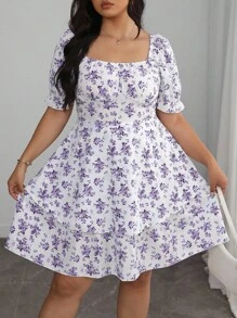 Elenzga Vestido plus size feminino estilo francês elegante, azul e branco, floral, bainha dupla, manga bolha, verão